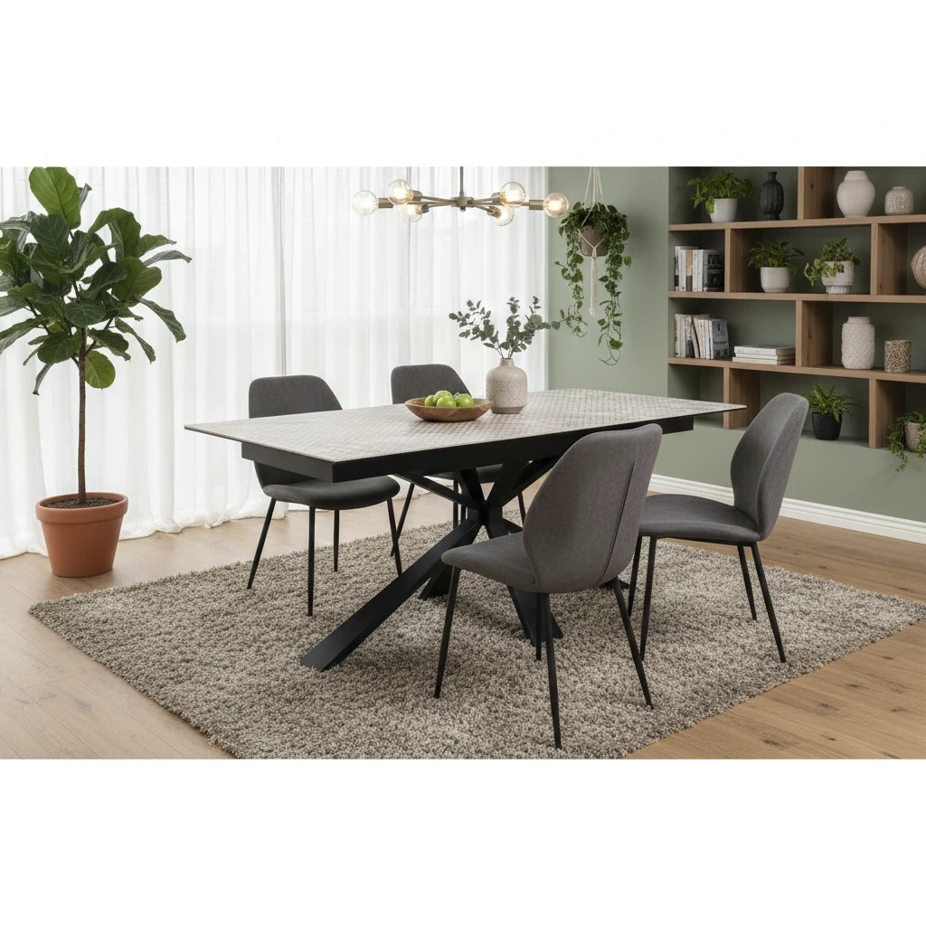 Living room of Digital rendering of the Crete White Ceramic High-Gloss Extending Table.