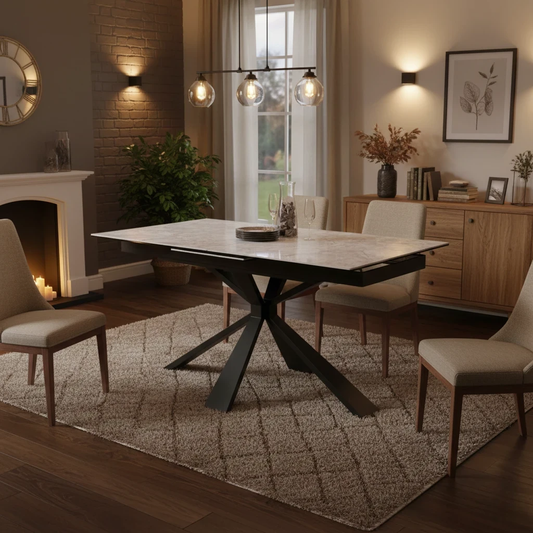 Living room of Digital rendering of the Crete Extending Dining Table showcasing the white ceramic top and sleek base.