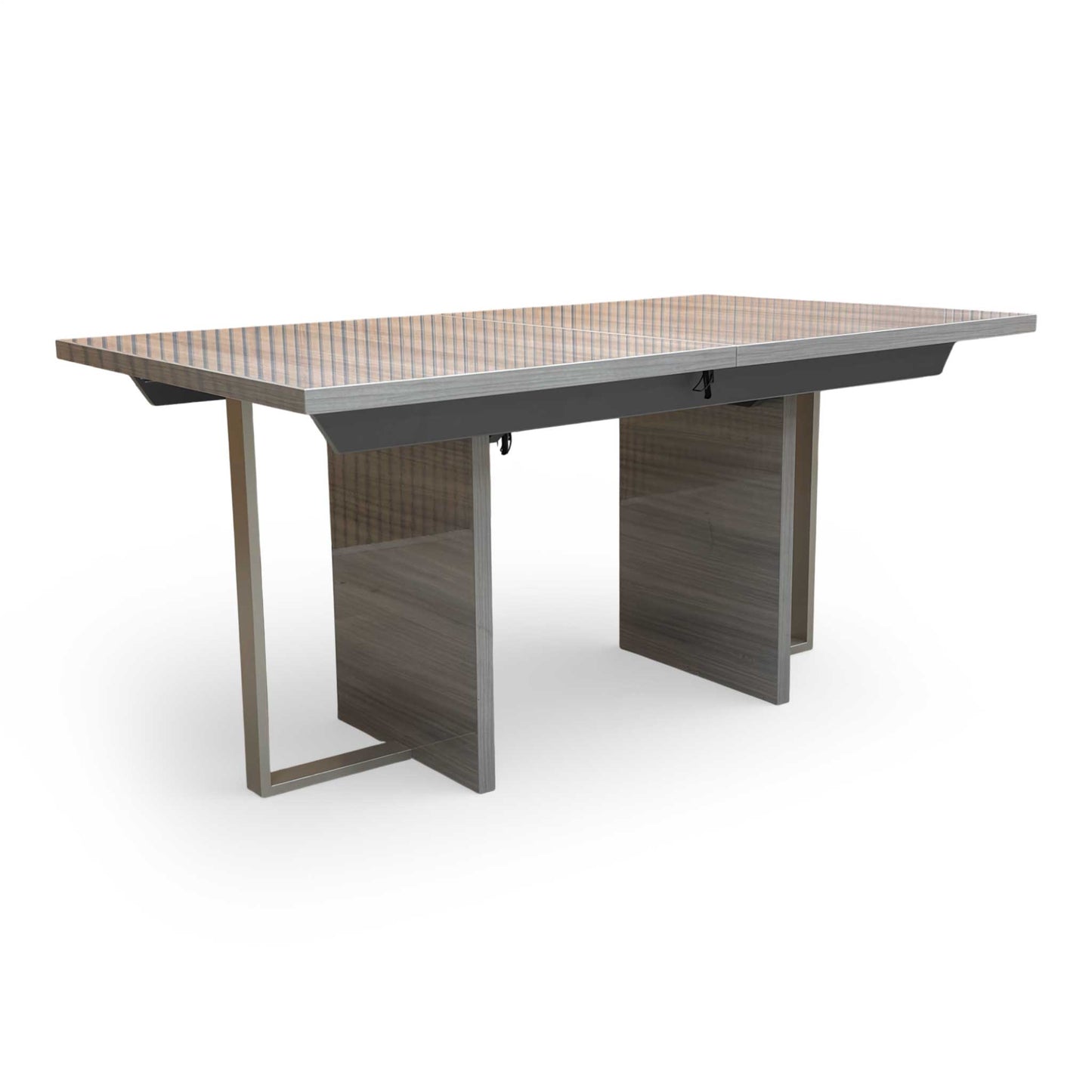view showing the table's height and the modern silhouette of the acrylic leg supports.