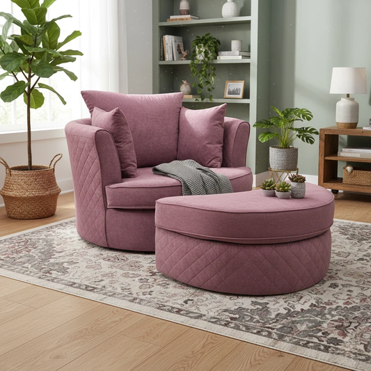 Living Room of the Orka Swivel Chair Set, showcasing the circular chair design and crescent-shaped stool.