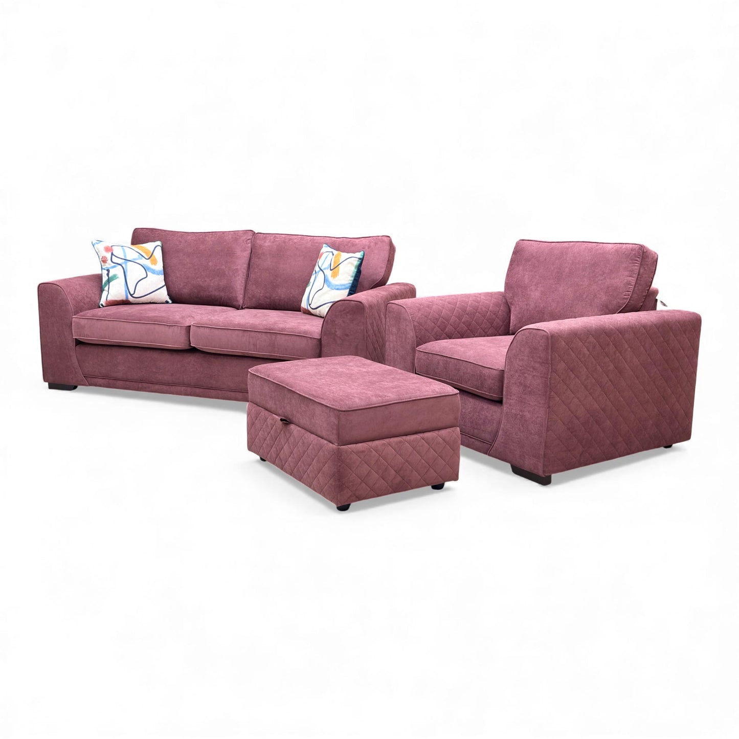 Side view of the Orka 3 Seater Sofa, Armchair, and Large Storage Footstool in rich Wine Plaza Linen.