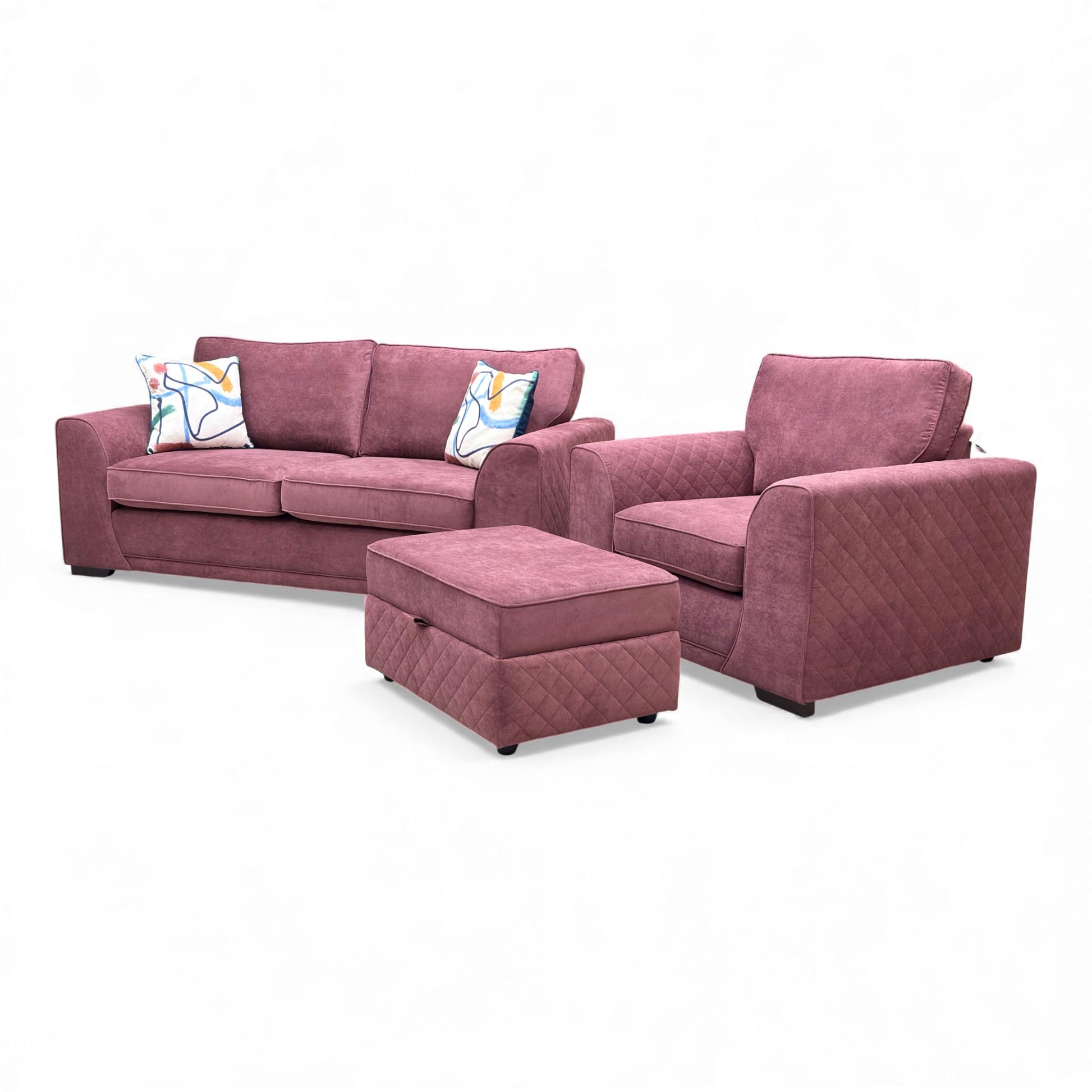 Side view of the Orka 3 Seater Sofa, Armchair, and Large Storage Footstool in rich Wine Plaza Linen.