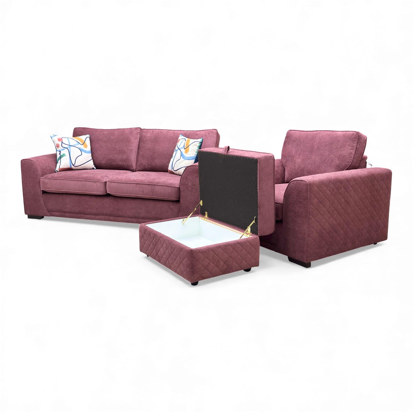 view of the Orka 3 Seater Sofa, Armchair, and Large Storage Footstool in rich Wine Plaza Linen.
