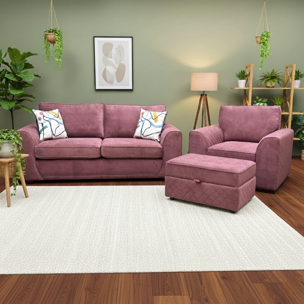 Living Room of the Orka Sofa Set, showing the sofa, armchair, and functional storage footstool.