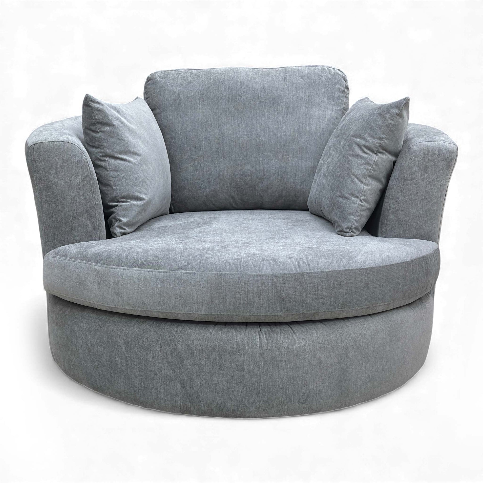 Full front view of the Freya Large Swivel Chair showcasing the round arm style.