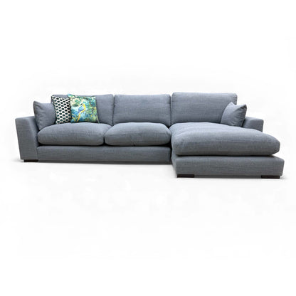 Full front view of the Plush Large Chaise End Sofa with sloped armrests.