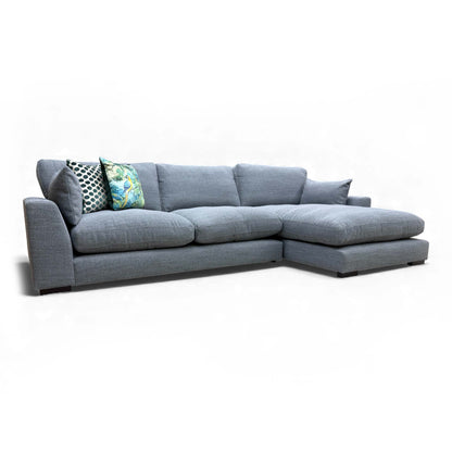 Angled view of the Plush Large Right Hand Facing Chaise End Sofa in Slate Grey Bobby Plain Fabric.