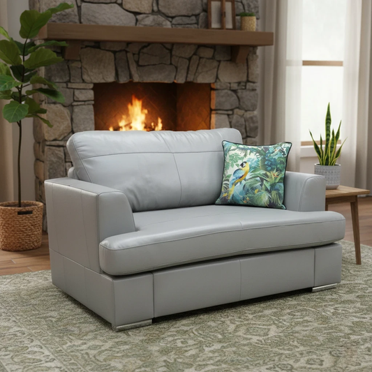 Living Room of the Freya Leather Cuddler Chair, highlighting the spacious design.