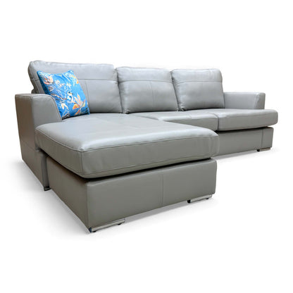 Side view of the Freya Left Hand Facing 4 Seater Lounger Sofa in Dove Grey Beau Leather.