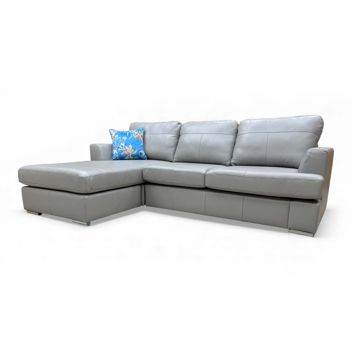 Angled view of the Freya Left Hand Facing 4 Seater Lounger Sofa in Dove Grey Beau Leather.