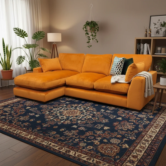 Living room of the orange velvet chaise sofa in a modern living room setting.
