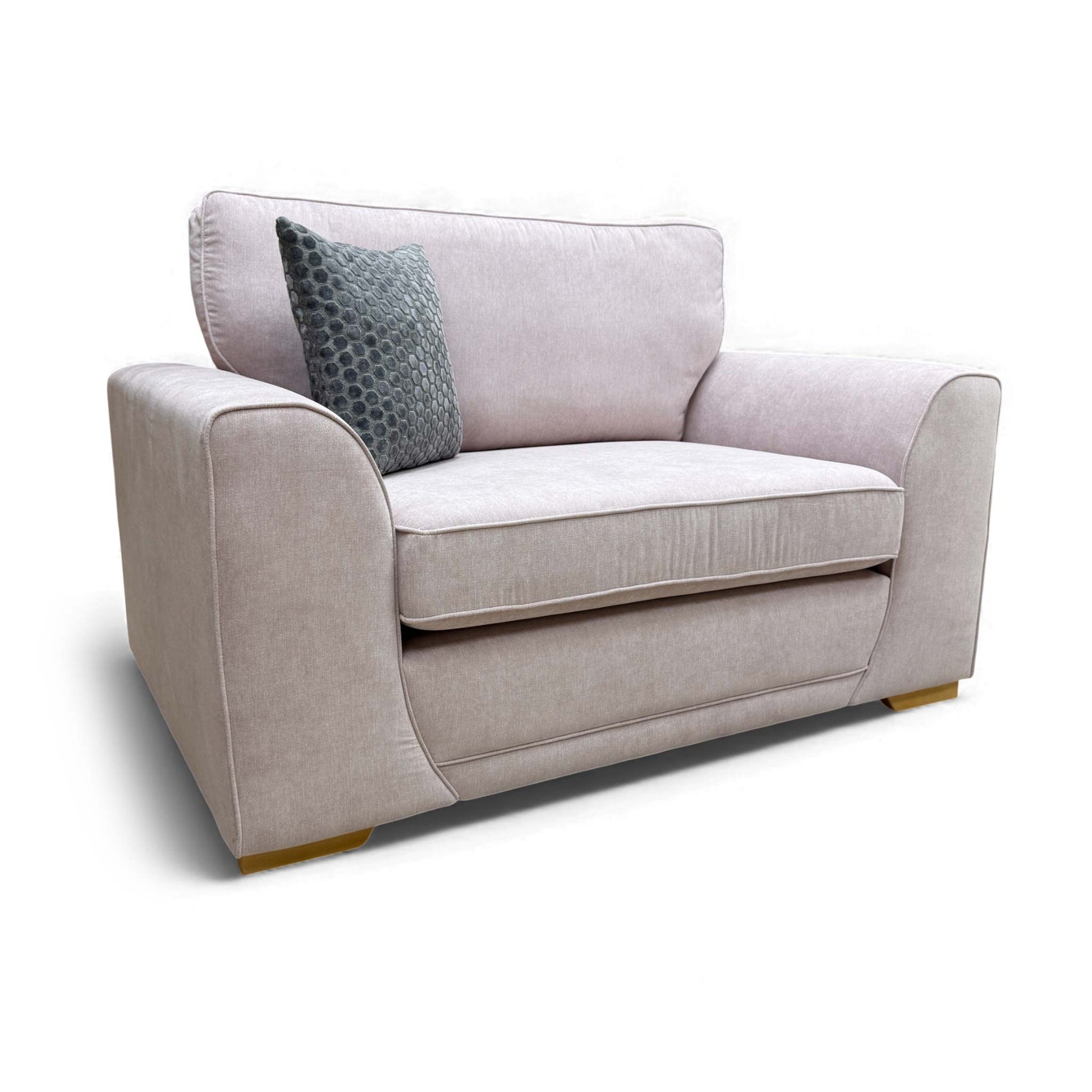 Angled view of the Orka Lilac Plaza Linen Cuddler Chair, showing its spacious seat.