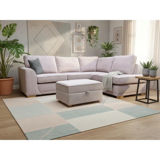 Living Room of the Orka Lilac Plaza Linen Corner Sofa, highlighting the open-end configuration and storage footstool.
