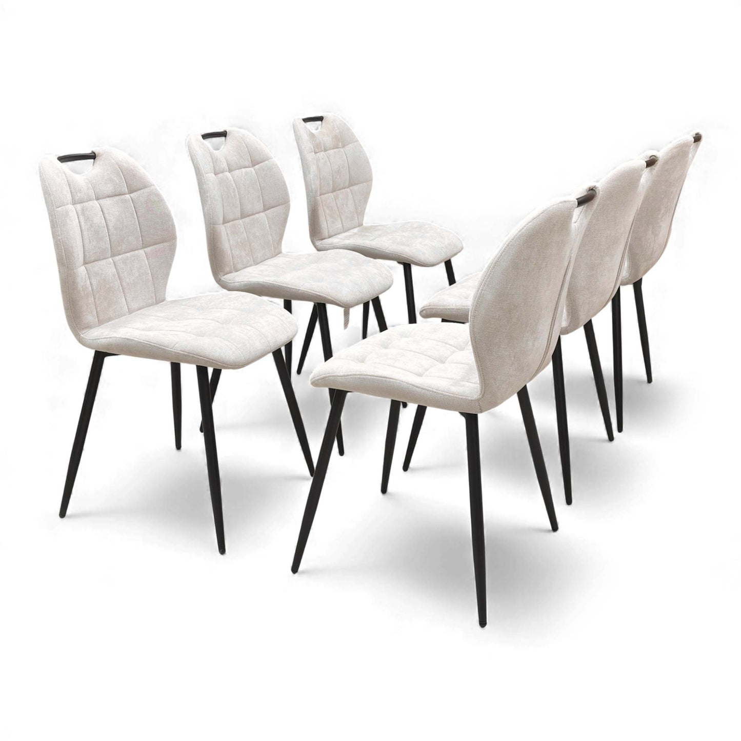 Angled view of the Alva Beige Fabric Fixed Dining Chair, showcasing the padded seat.