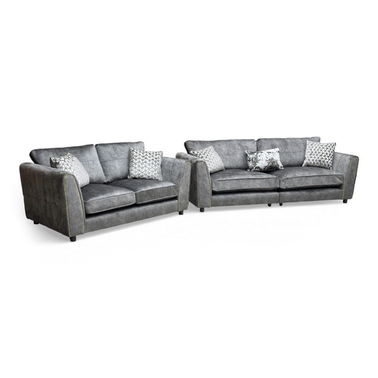 Front-facing view of the Reagan 4-seater and 2-seater sofa set in dapple charcoal grey fabric.