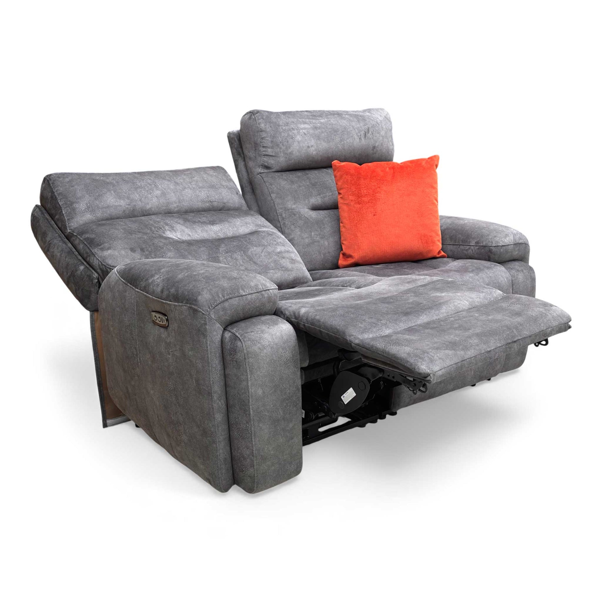 Angle view of the Cinemax 'BE-0101' 2 Seater Power Recliner Sofa upholstered in Marble Dark Grey Velvet.