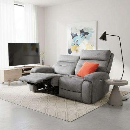 Living Room View of the Cinemax recliner sofa with the power footrests and headrests extended for ultimate comfort.