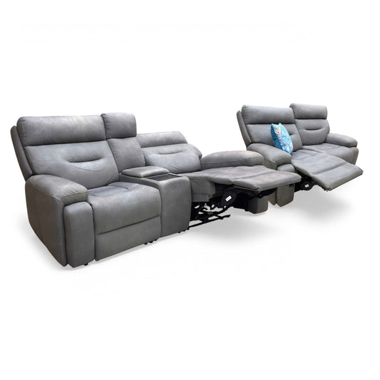 'Cinemax' Nappa Grey Velvet Set: 2 Seater Media Console Power Recliner Sofa with Power Headrests