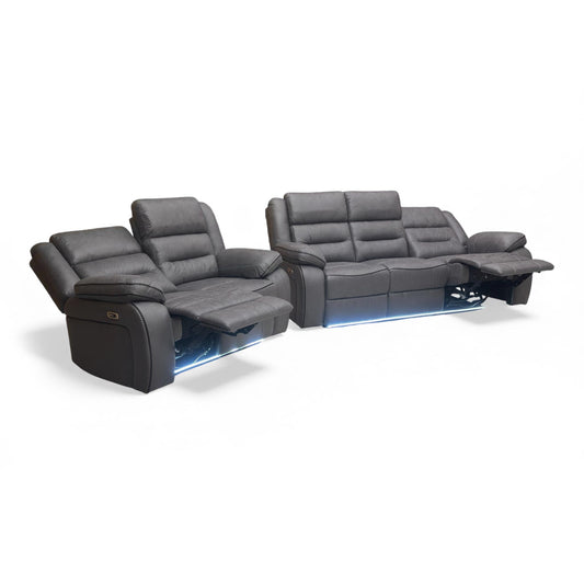 Full view The ‘Vegas’ power recliner sofa set in Charcoal Grey microfibre, featuring a 3-seater and 2-seater configuration with integrated blue LED base lighting.