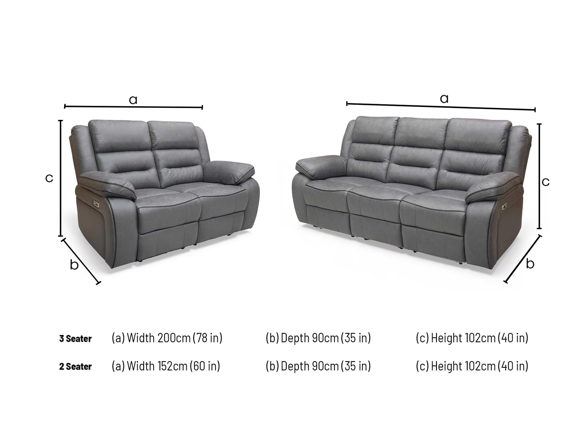 Dimensions for the ‘Vegas’ Charcoal Grey Microfibre 3+2 Power Recliner Sofa Set.