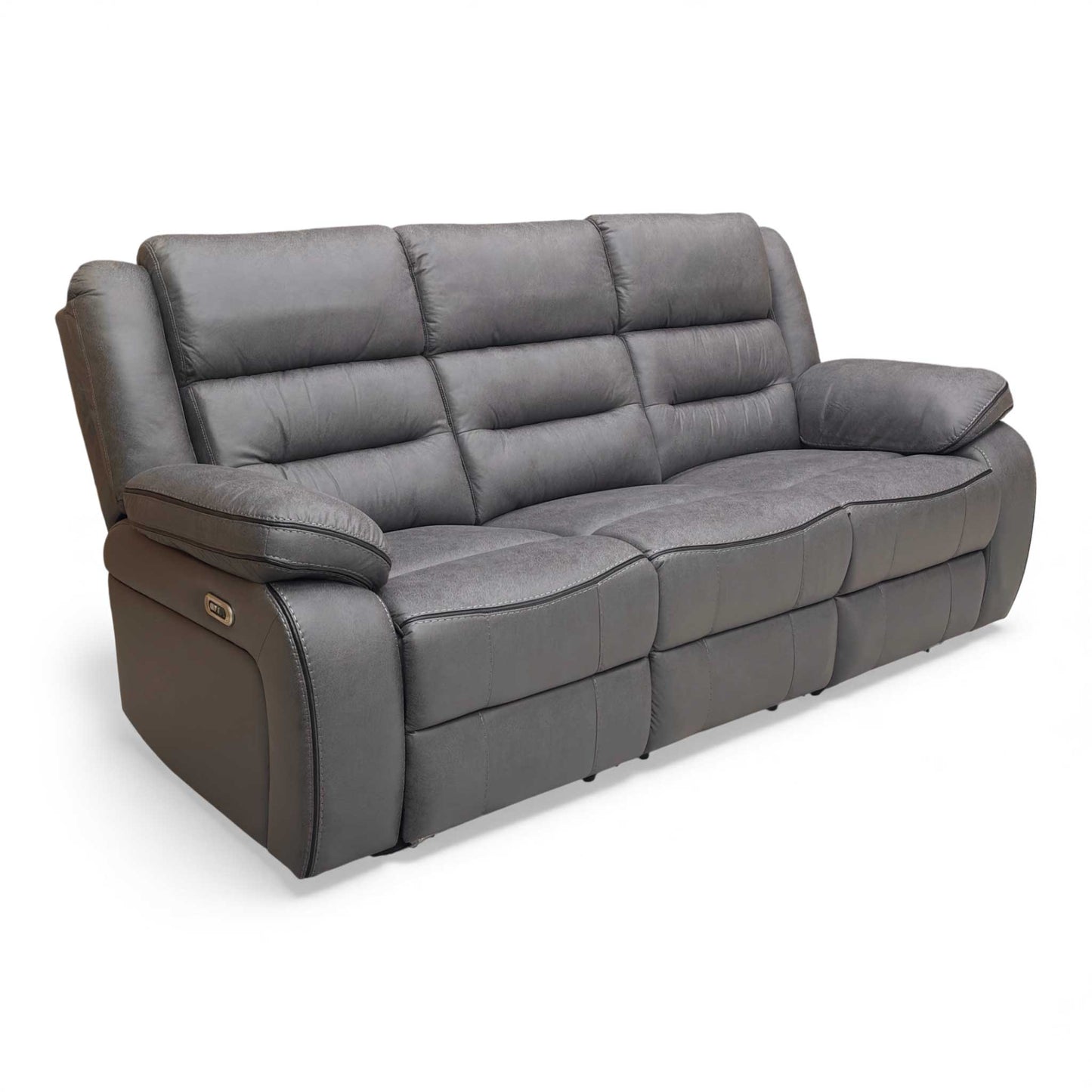 Angle View Thornbrook 'Vegas' Charcoal Grey Microfibre 3-Seater Power Recliner Sofa in a modern living room setting.
