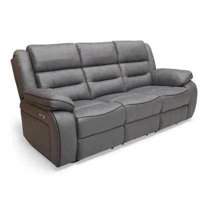 Angle View Thornbrook 'Vegas' Charcoal Grey Microfibre 3-Seater Power Recliner Sofa in a modern living room setting.