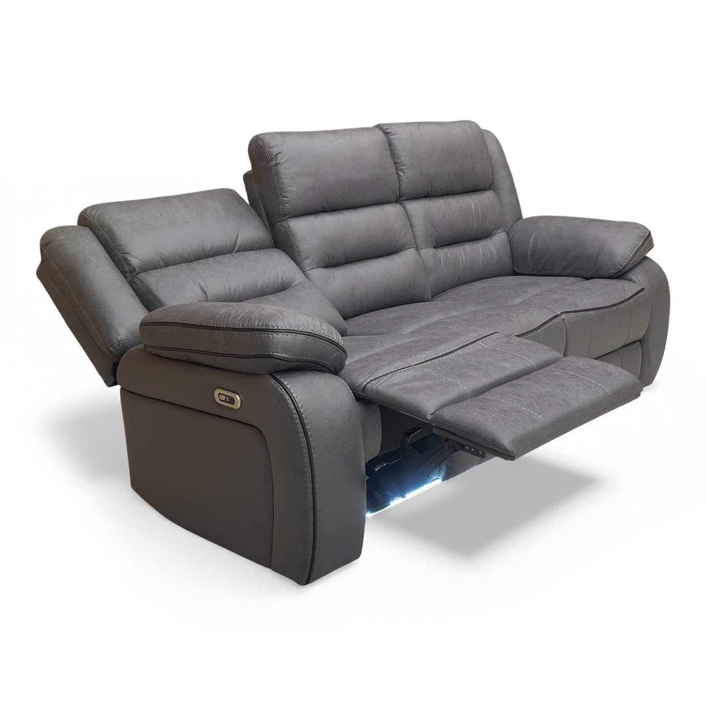 Angle View of Thornbrook 'Vegas' Charcoal Grey Microfibre 3-Seater Power Recliner Sofa in a modern living room setting.