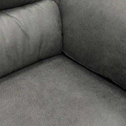 Close-up of the soft Charcoal Grey Microfibre fabric and cushioned backrest of the Vegas sofa.