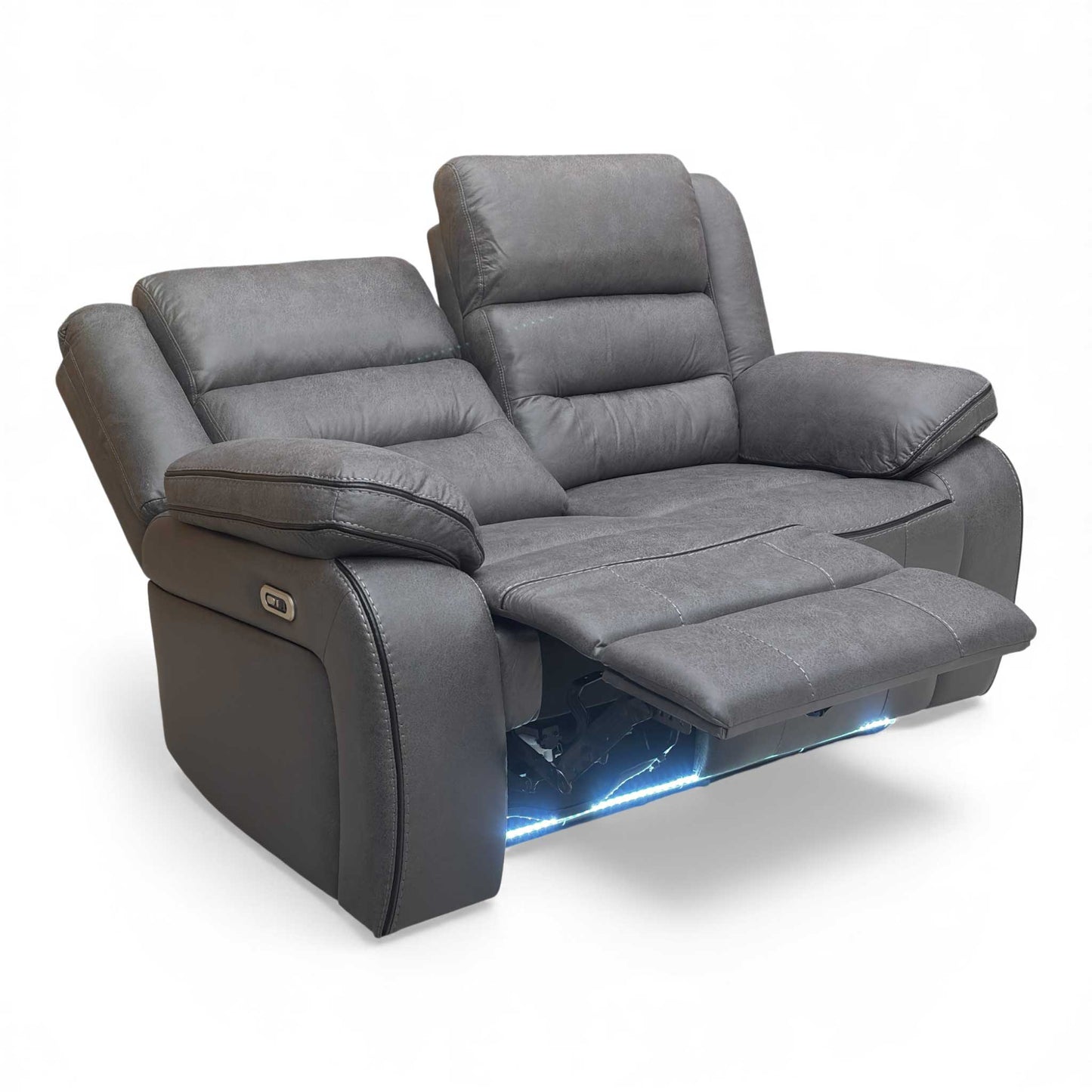 Angle View of Thornbrook 'Vegas' Charcoal Grey Microfibre 2-Seater Power Recliner Sofa in a modern living room setting.