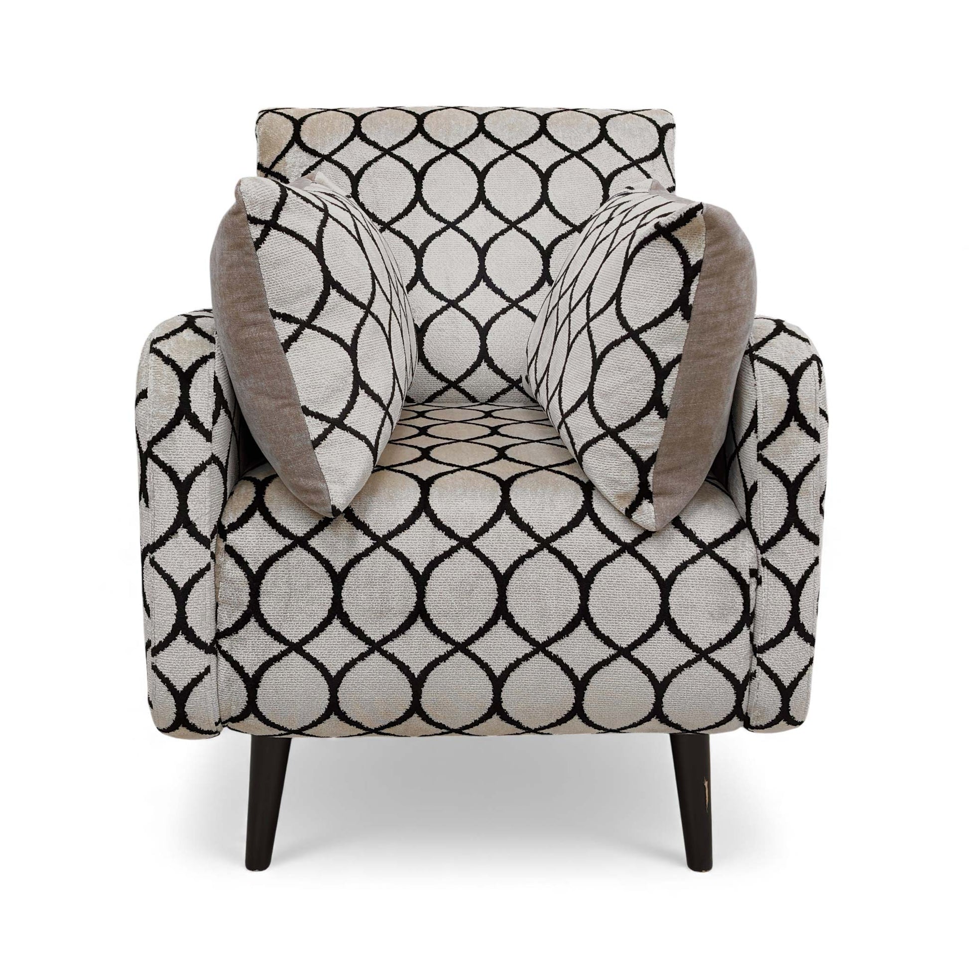 Full view of the natural fabric accent chair in a living room setting.