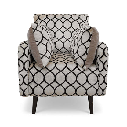 Full view of the natural fabric accent chair in a living room setting.