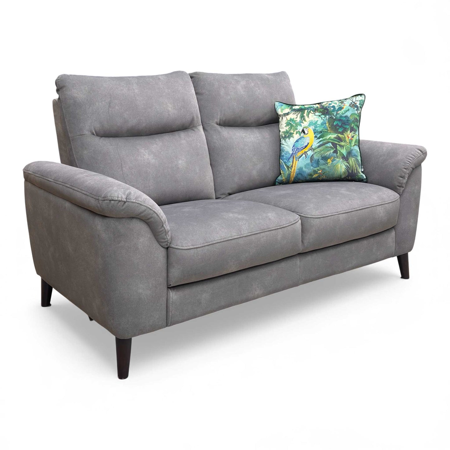 Angled view showcasing the streamlined shape and comfortable cushioned arms of the Dexter 2 Seater Sofa.