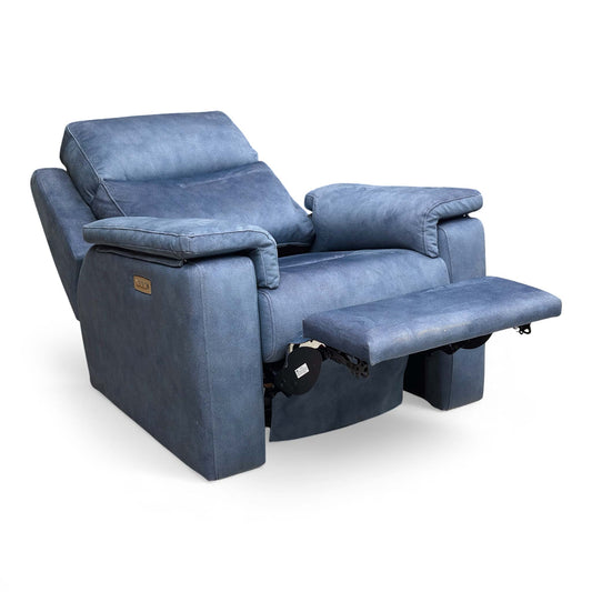Full view of the recliner chair in indigo velvet.