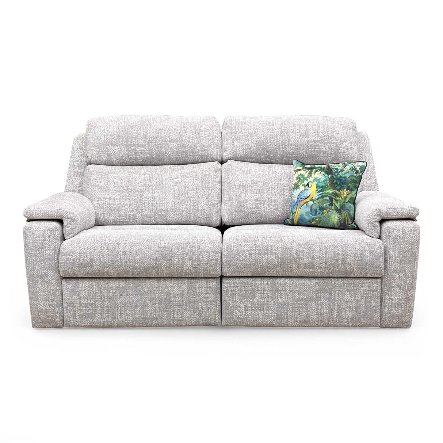 View of the sofa from the side, emphasizing the wide armrests.