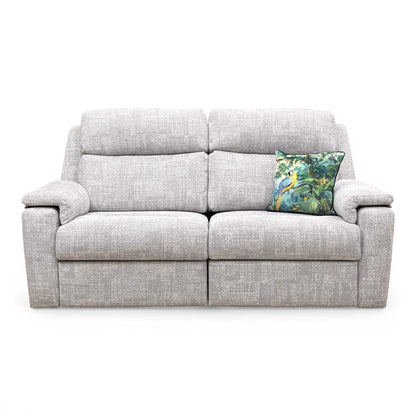 View of the sofa from the side, emphasizing the wide armrests.