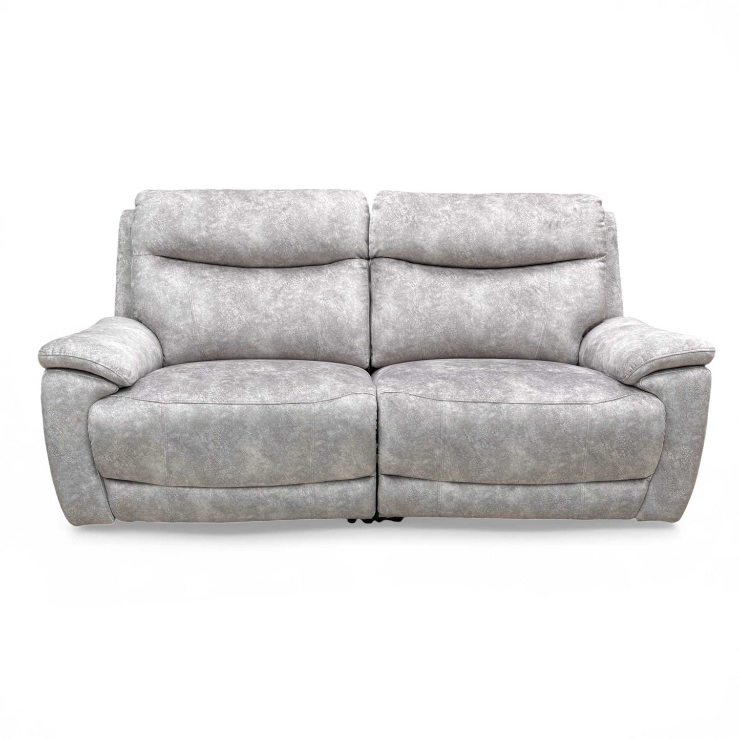 Front view of the Marble Stone Grey Velvet 3 Seater Sofa with two power reclining seats.