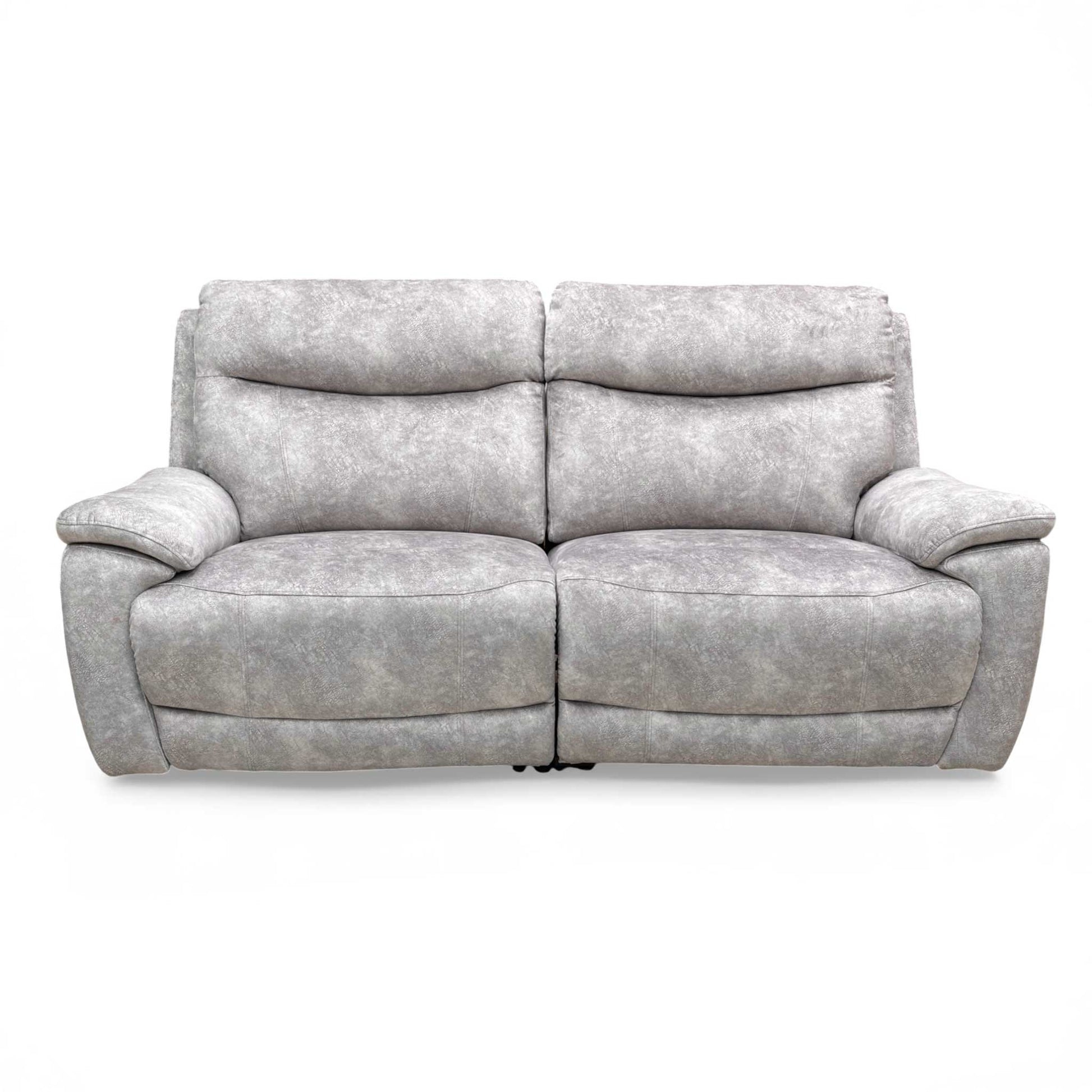 Front view of the Marble Stone Grey Velvet 3 Seater Sofa with two power reclining seats.