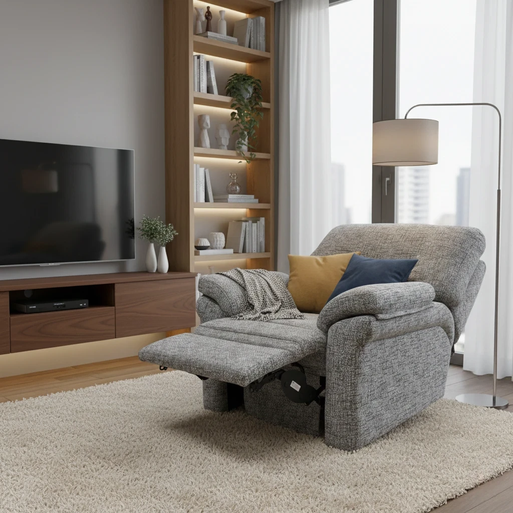 Living room of Digital rendering of the G Plan 'Seattle' Power Recliner showcasing its ergonomic design and slate grey woven fabric.