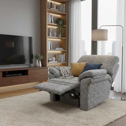 Living room of Digital rendering of the G Plan 'Seattle' Power Recliner showcasing its ergonomic design and slate grey woven fabric.