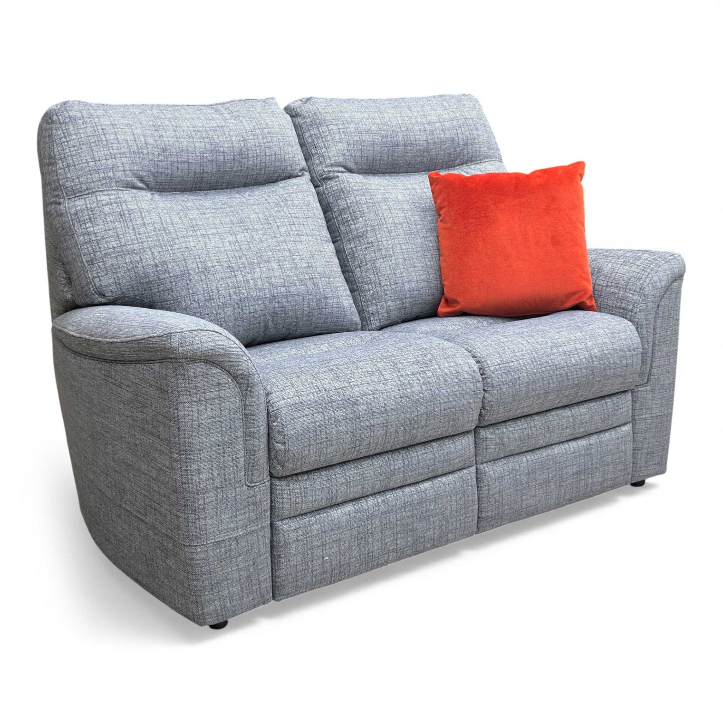 Full view of the blue 2-seater sofa in a living room setting.
