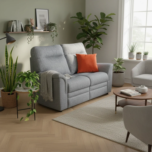 Living room of Digital rendering of the Hudson 2 Seater Sofa showcasing its blue woven fabric and classic design.