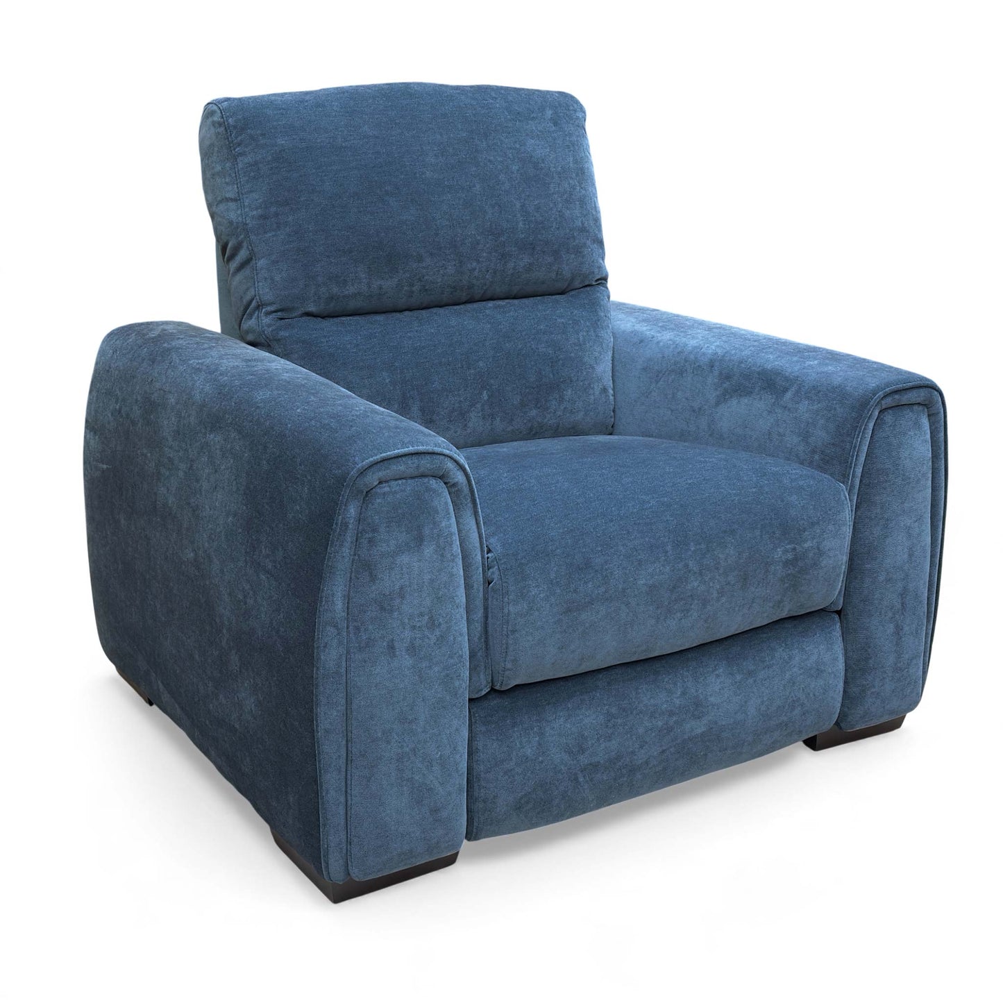 An angled view of the Steel Blue Velvet Armchair, showing the texture of the fabric.