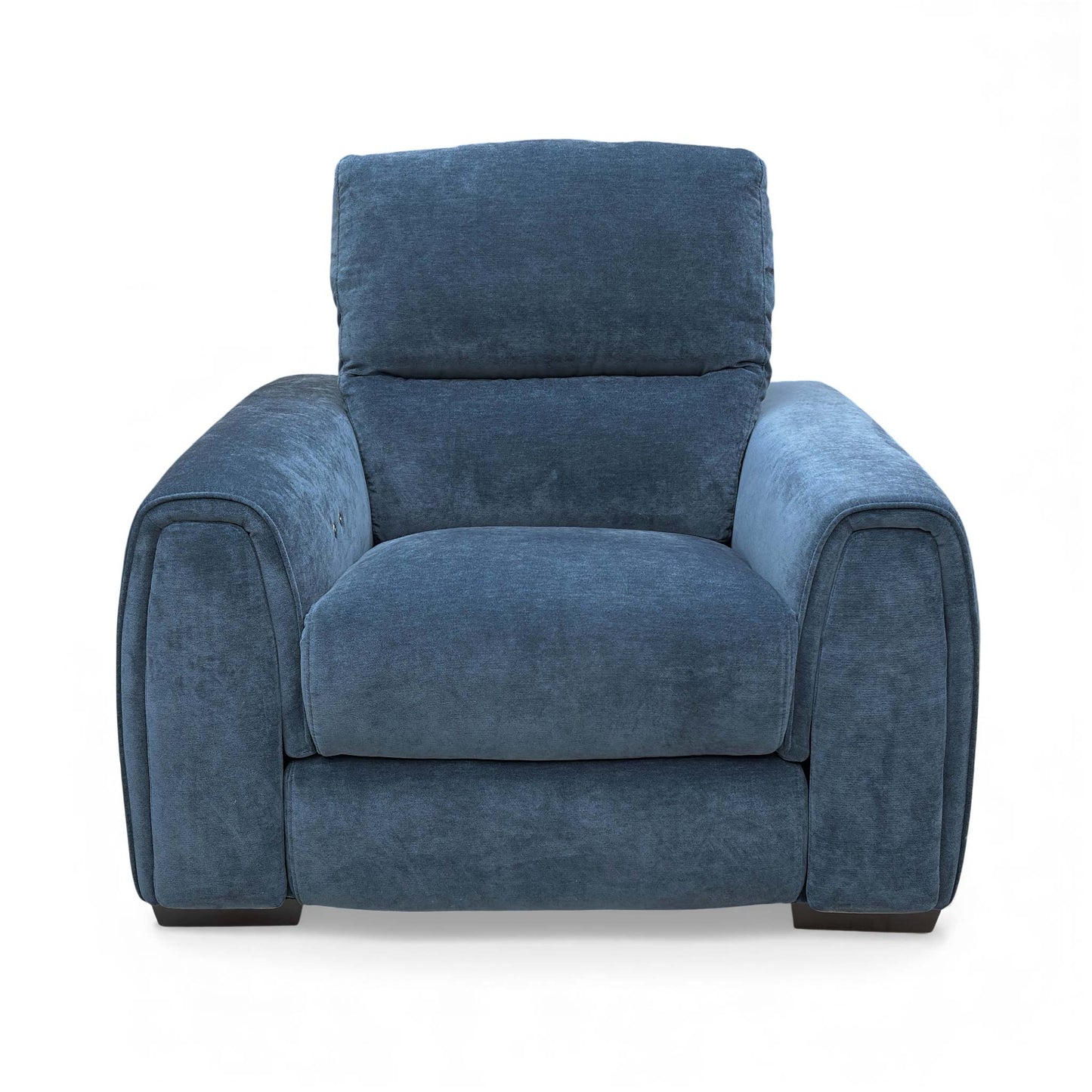 Full view of the Steel Blue Velvet Recliner Armchair with high back and plump cushions.