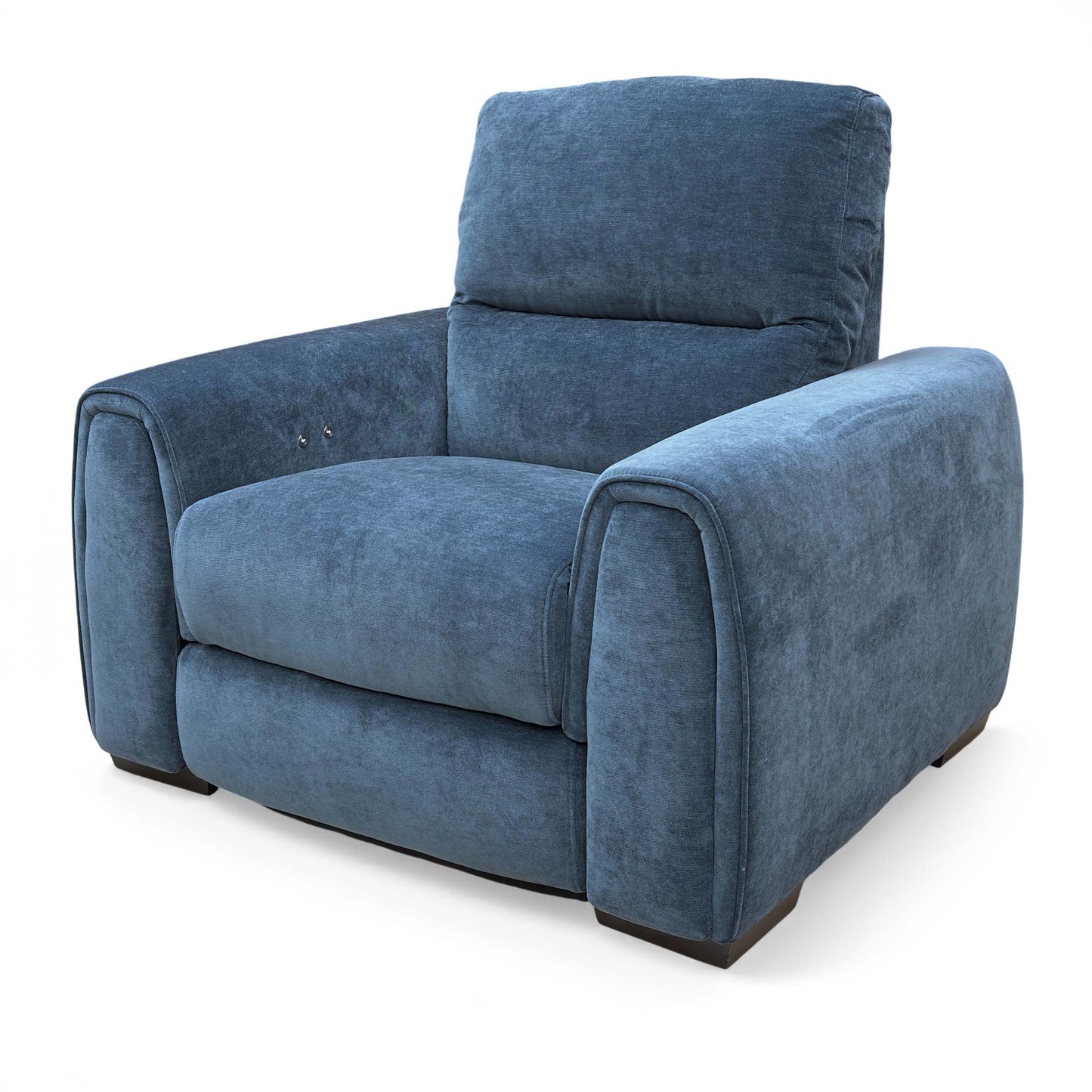 Full view of the steel blue armchair.