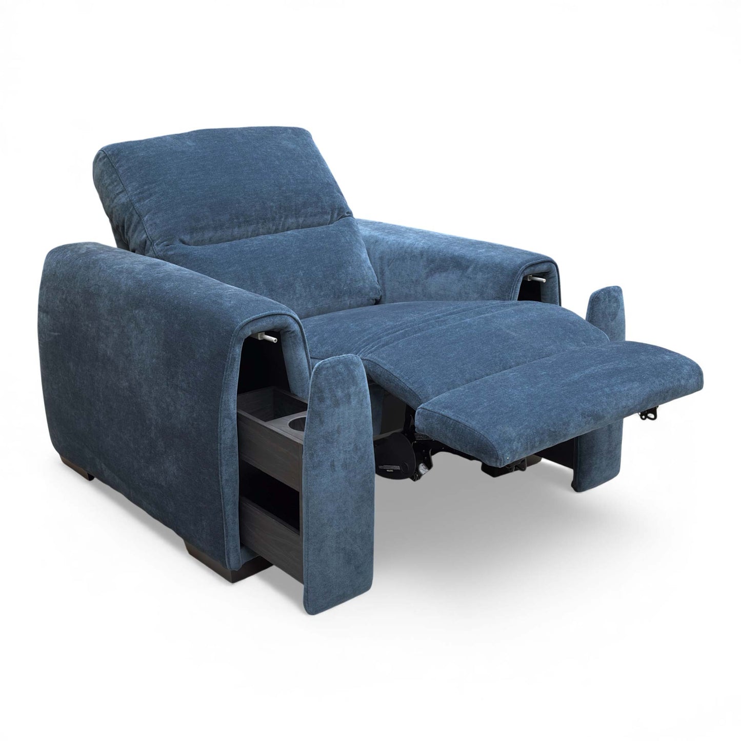 Full view of the steel blue armchair.