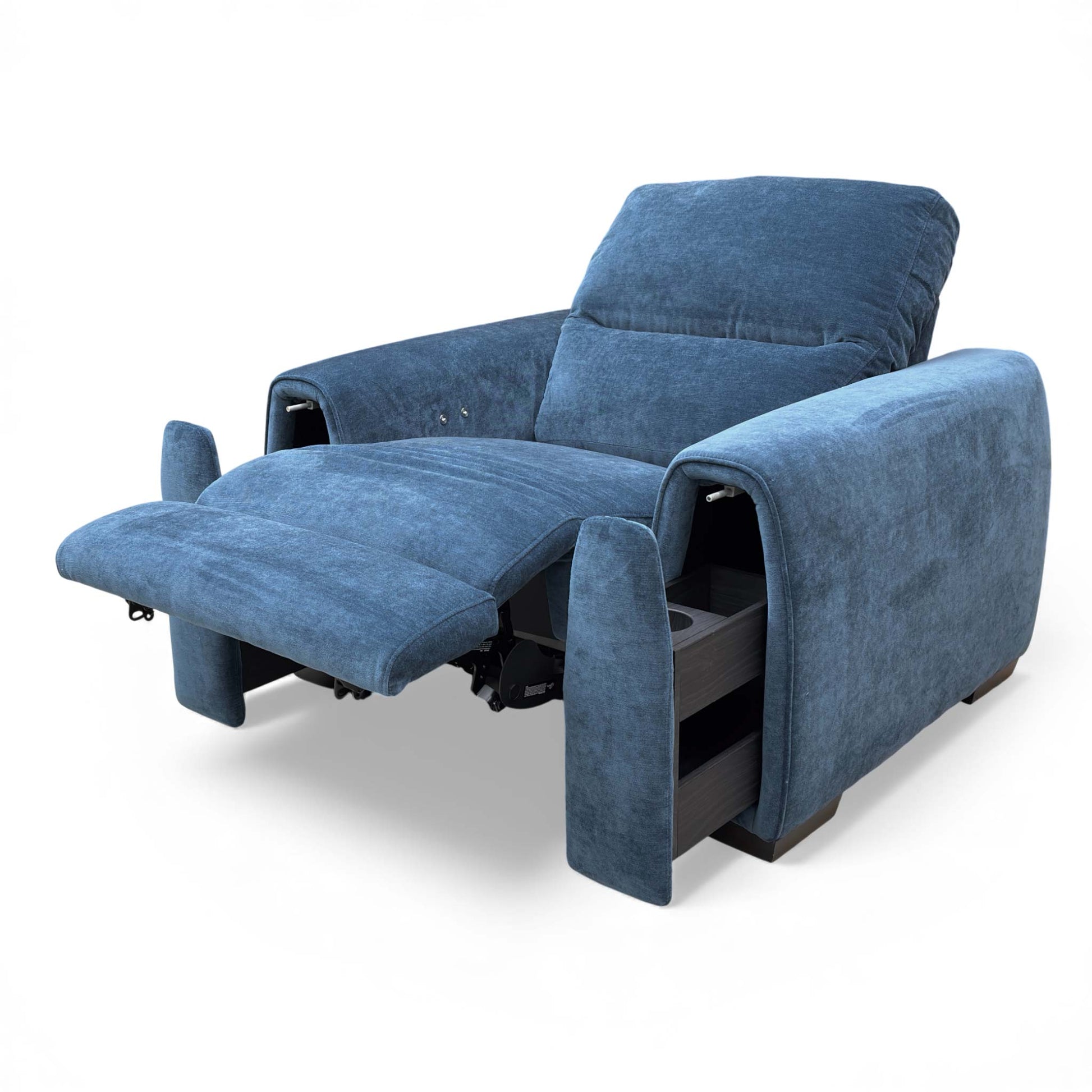Side view of the Velvet Power Recliner Armchair, emphasizing its generous padding and size.
