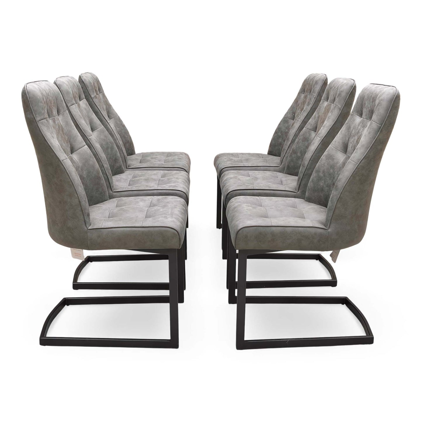 Side view of the ‘Merlin’ chair, emphasizing the sleek, continuous black powder-coated metal cantilever base and contoured seat shape.