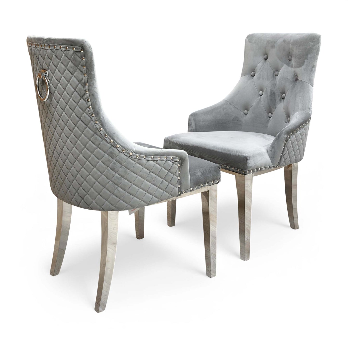 Back view of a single 'Dolce' Silver Velvet dining chair, showcasing the metal legs and overall curved shape.