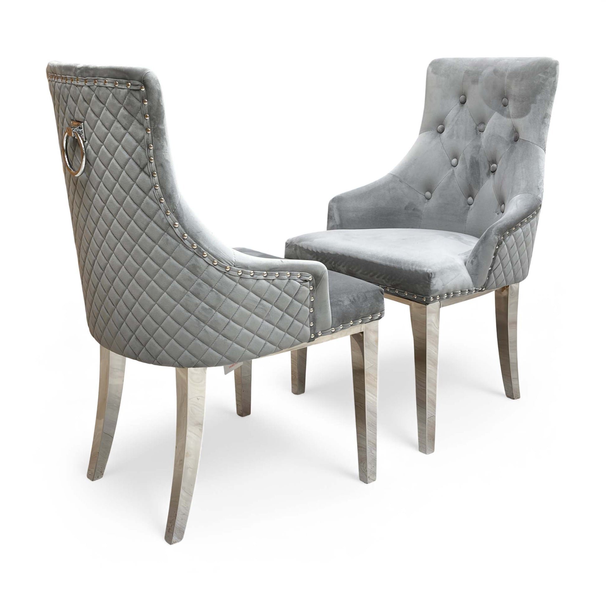 Back view of a single 'Dolce' Silver Velvet dining chair, showcasing the metal legs and overall curved shape.