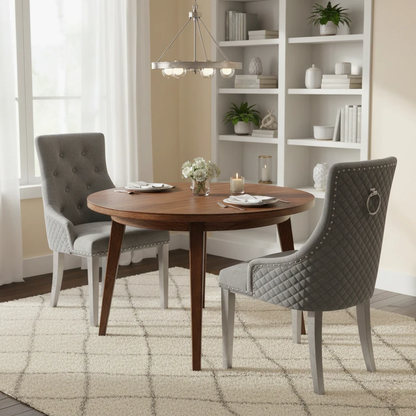 living room of Digital rendering of the 'Dolce' Silver Velvet Dining Chair, highlighting the stylish button-tufted back and studded trim.